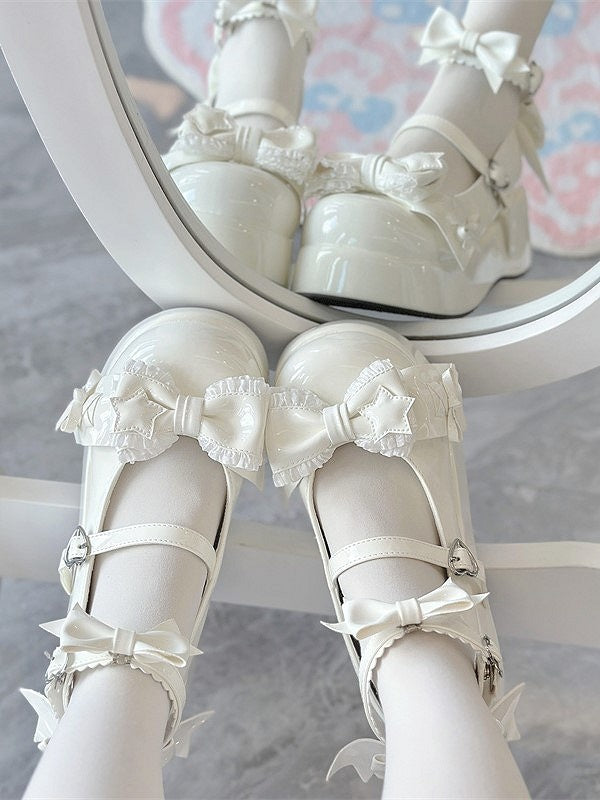 Accents with Shoes White Sweet Style PU Lolita Leather Bow Platform Round-Toe