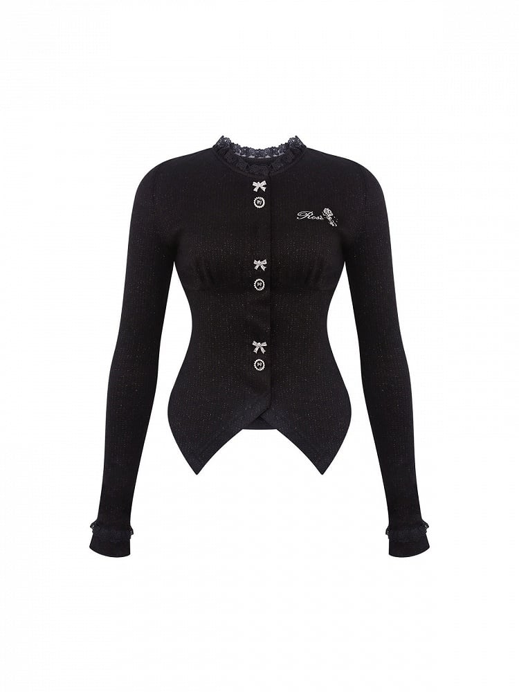 Sleeve And Black Knit Long Lace Details Fashion Kawaii Top With Gothic Embroidery