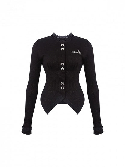 Sleeve And Black Knit Long Lace Details Fashion Kawaii Top With Gothic Embroidery