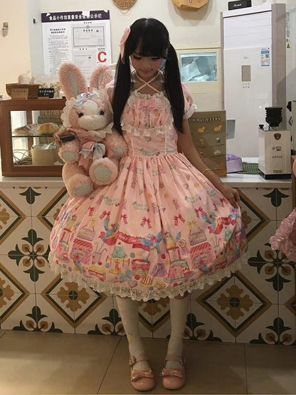 Pink Puff Sleeve Halter Lolita OP Full Set with Dessert and Bird Print, Hairband, Baby Hat, Wrist Cuffs and Bow Hair Clip - Good Night Meow
