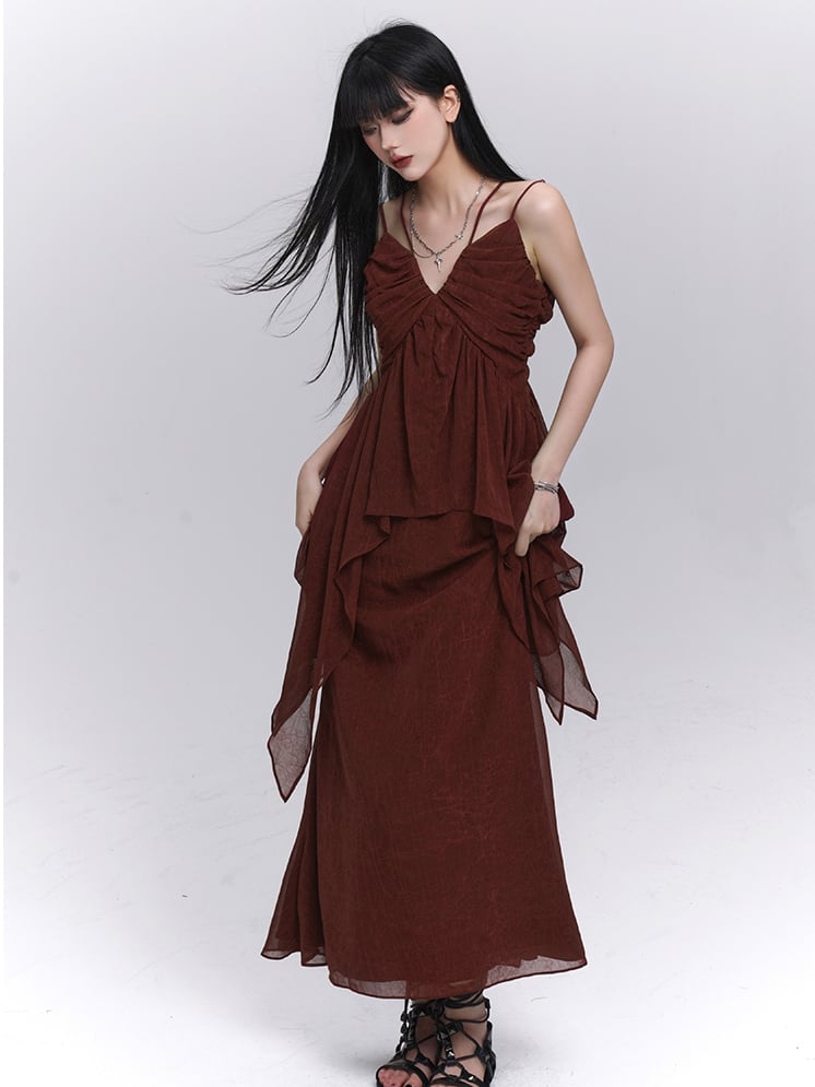 レッド Vネック ヘム ハンカチトップ キャミソール ダーク