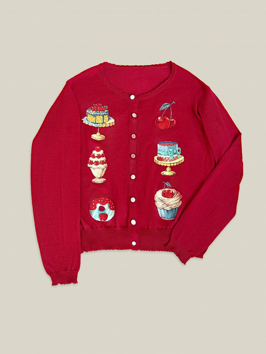 Red Long Sleeves Dessert Print Cardigan