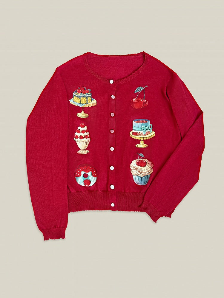 Red Long-Sleeve Dessert Print Cardigan