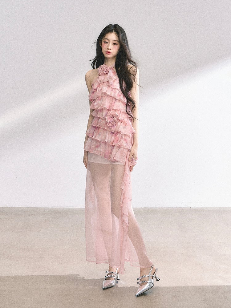 Rosa gestuftes Rüschenkleid mit floralem Neckholder und Netzdruck