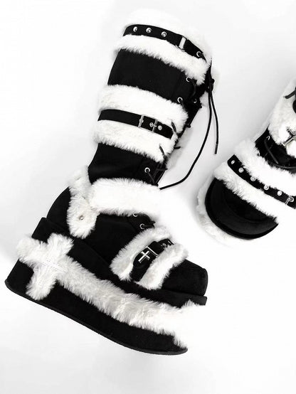 Y2K Details Dual Studded Cross Knee-High Platform Closure Accents Boots 9cm Black with -