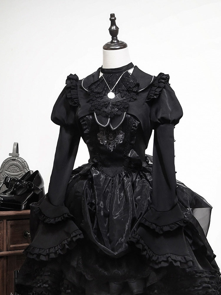 ブラック ジュリエットスリーブ フラウンス カフス クロップドトップス