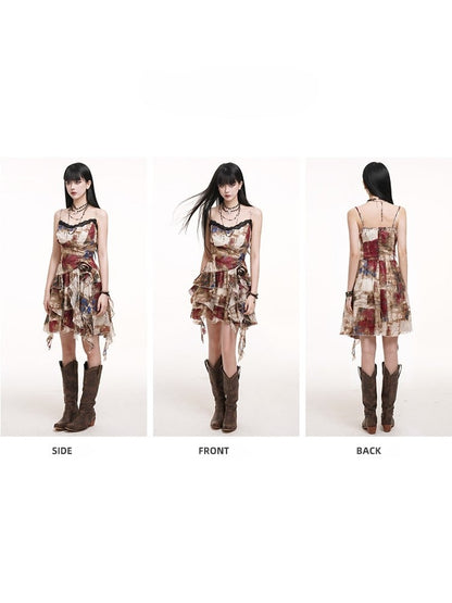 Gothic Cascading Multicolor Asymmetric Waist with Slip Ruffles Rose Hem Dress