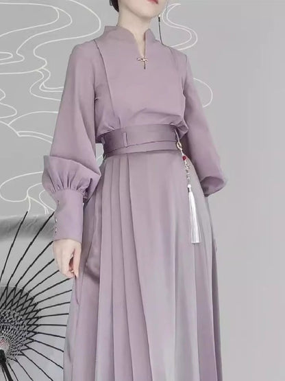 Light with Balloon Sleeve in Functional Purple Chinese Style Snap Fastening Blouse Frog Decorative Cuffs