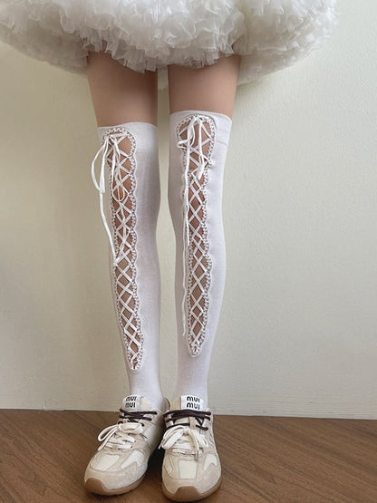 Hollow-Out Stockings Black/White Straps Self-tie