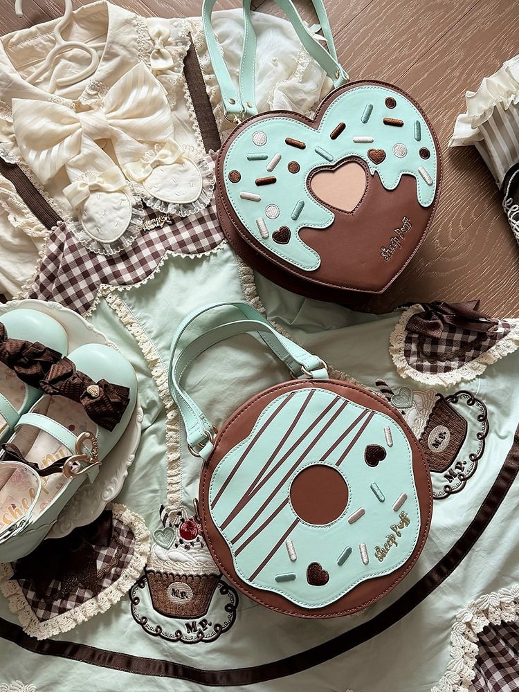 Mint and Chocolate Sweet Heart-Shaped Handbag - Sheep Puff Bag