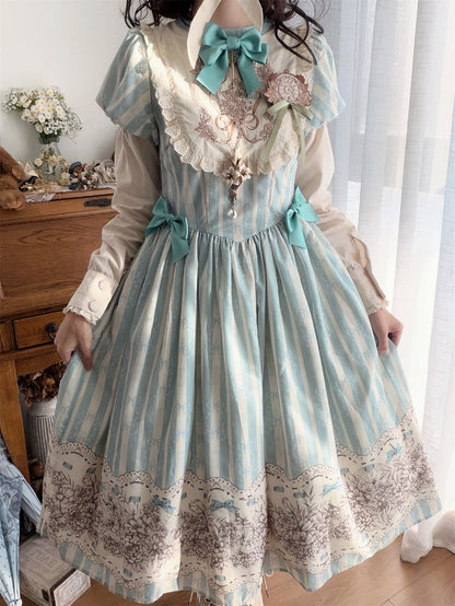 Embroidery One Bodice Piece Blue Floral Striped Classic and Bowknot Version Lolita Pattern Long