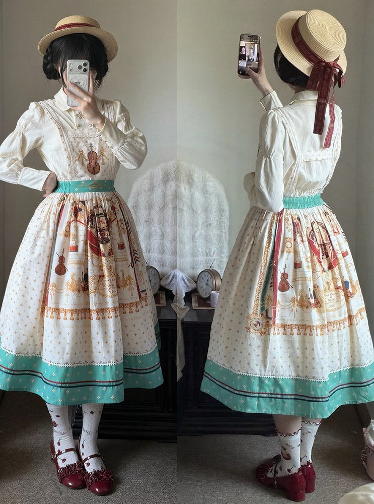 White Musical Print Overall Dress with Detachable Straps - Crucis Universal Tailor Company