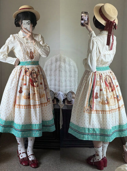 White Musical Print Overall Dress with Detachable Straps - Crucis Universal Tailor Company