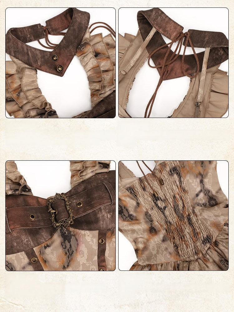 Burn-Effect Halter Dress with Tiered Ruffles and Distressed Lace - Virtual Orbit