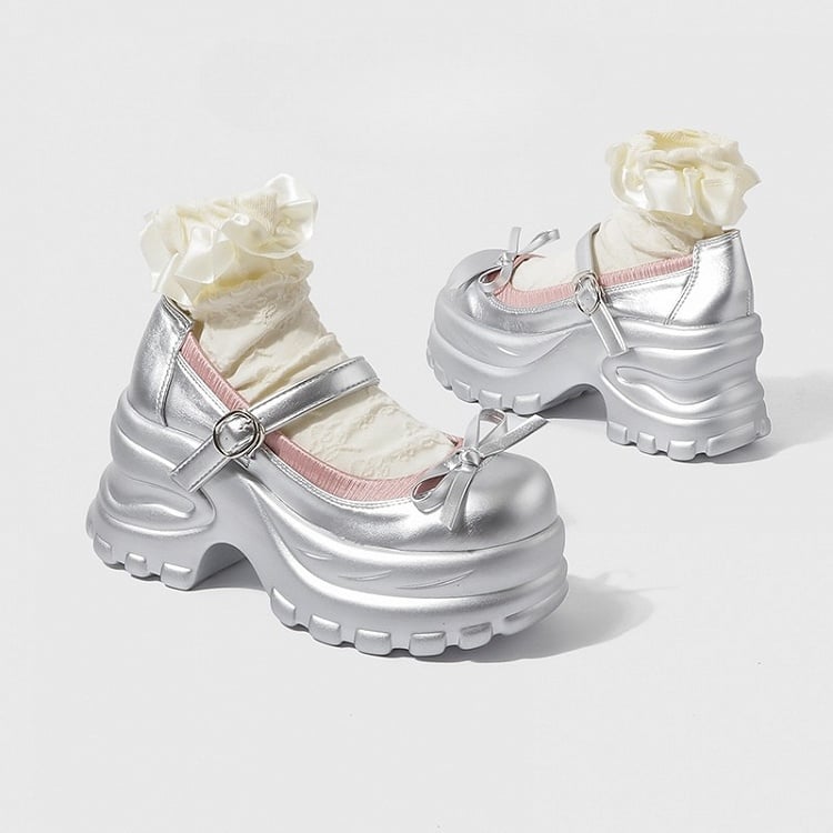 Silver Preppy Chunky Sole Mary Janes with Bow by September