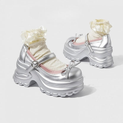 Janes at Chunky Top Mary Style Sole Silver Knotted Bow with Preppy