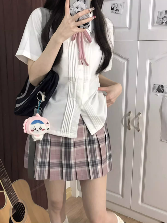 Preppy Style Short Shirt Sleeves Version Details Pleating White