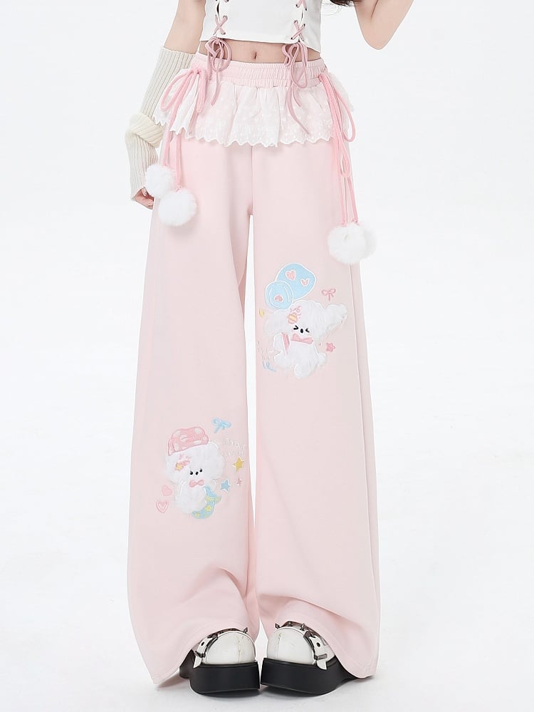Pink with Pom-Pom Drawstrings and Puppy Embroidery Blue/Light Trim Light Gray/Light Wide-Leg Pants in Lace