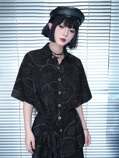 Black Sea Lily Print Loose Short Sleeve Shirt - Quirky Hut