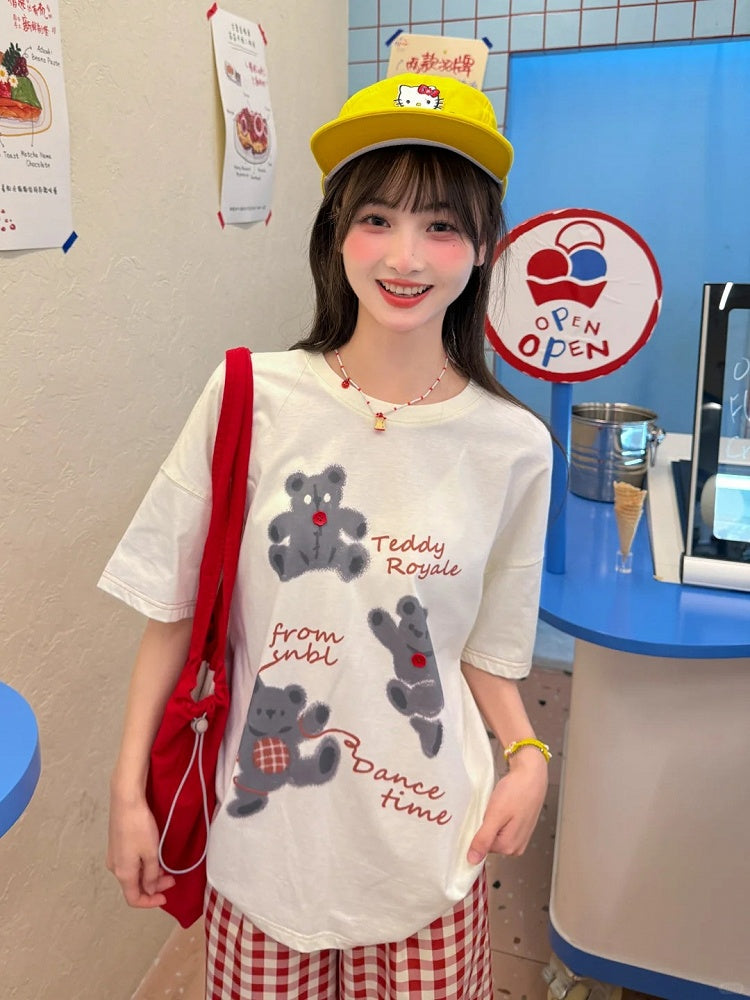 T-Shirt Short/Long White Round Neck Bear Print Version