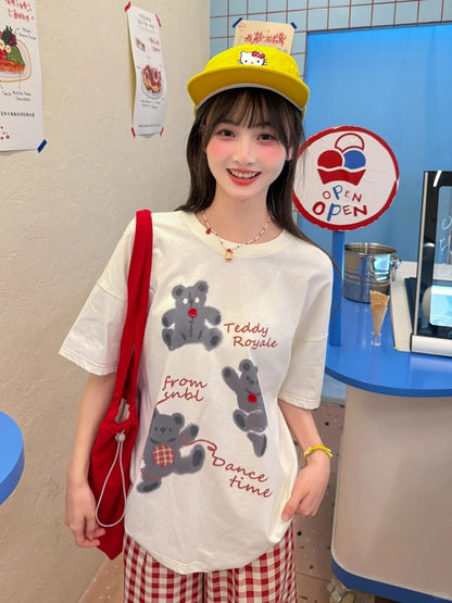 T-Shirt Short/Long White Round Neck Bear Print Version