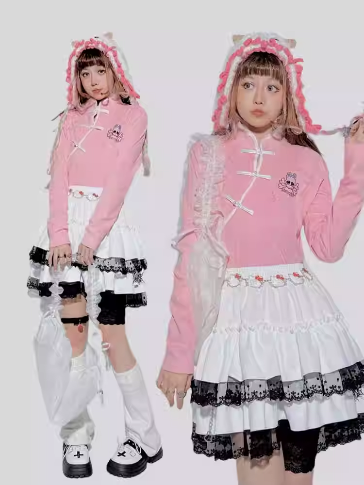 Pinkes Pastell-Punk-Skelett-Top in Gitarrenform mit Strasssteinen