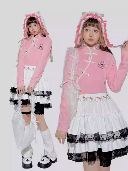 Pinkes Pastell-Punk-Skelett-Top in Gitarrenform mit Strasssteinen