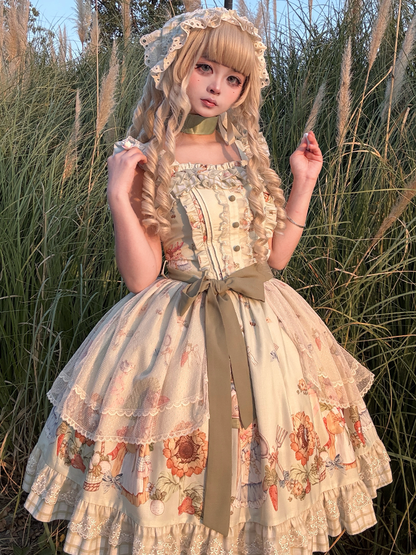 Overlay Plaid Dress Green Hem Bunny Print Lolita JSK Sweet Sunflower and with
