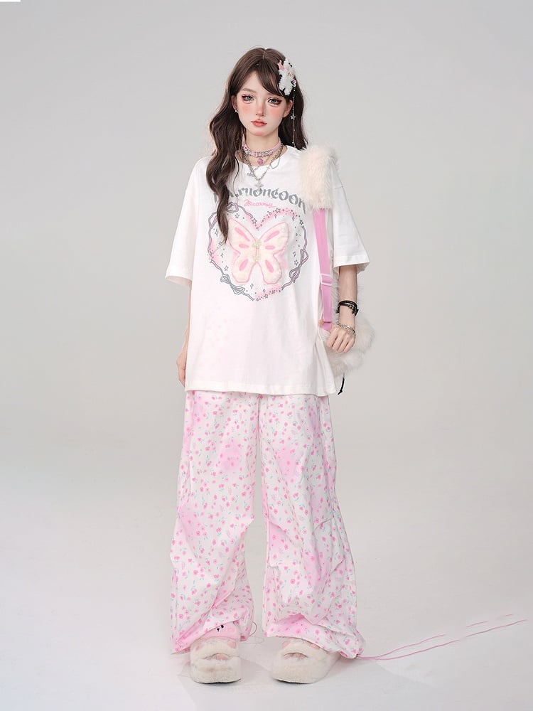 White Oversized Plush Large with Tee print Lettering Butterfly Embroidery