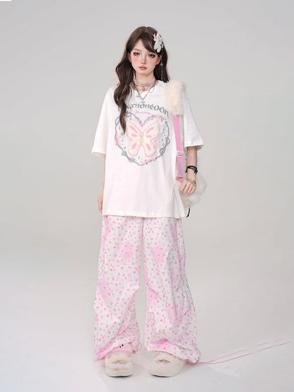 White Oversized Plush Large with Tee print Lettering Butterfly Embroidery