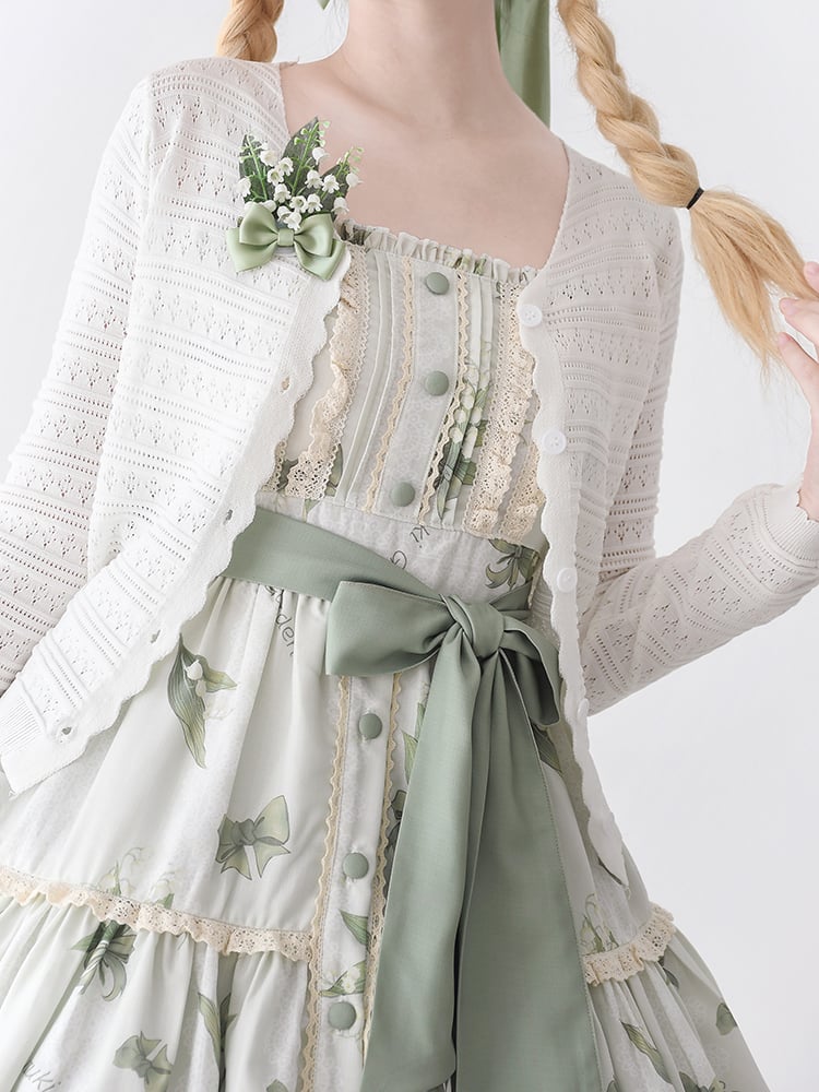 Lily of the Valley Print Light Green Summer Floral Dress Natural Kei Lolita Jumper Skirt