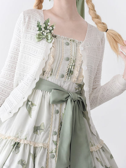 Lily of the Valley Print Light Green Summer Floral Dress Natural Kei Lolita Jumper Skirt