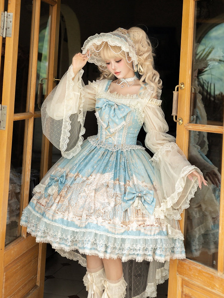 with Skirt Dress Classic Elegant Unicorn Lolita Beaded Chain Print and Waist Blue Overlay