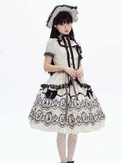 White Blouse Trim Black Lolita Pattern Scalloped Edge with Skirt Puff + Elegant Layered Rabbit Sleeves Set