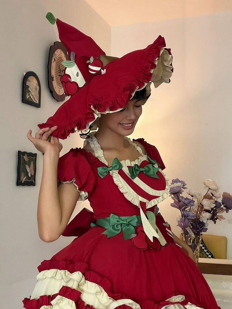 Red/Green Apple Lolita Witch Hat with Ruffled Trim