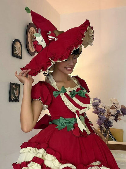 Red/Green Apple Lolita Witch Hat with Ruffled Trim