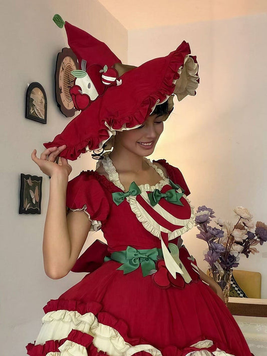 Red/Green Apple Lolita Witch Hat with Ruffled Trim