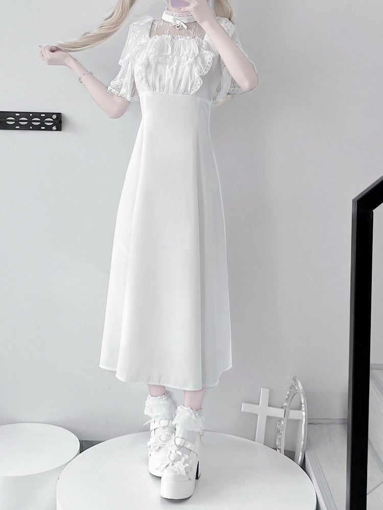 Jirai Kei Schwarz/Weiß Illusion Taille Ausschnitt Rüschen Hohe Spitze Kleid Trim