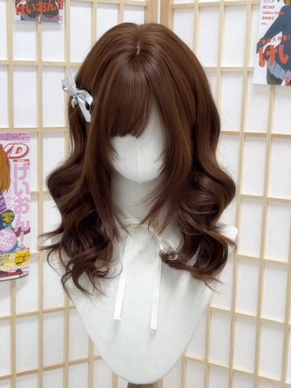 Chocolate Brown 55cm Wavy Curly Wig with Side Bangs - Hui Ran