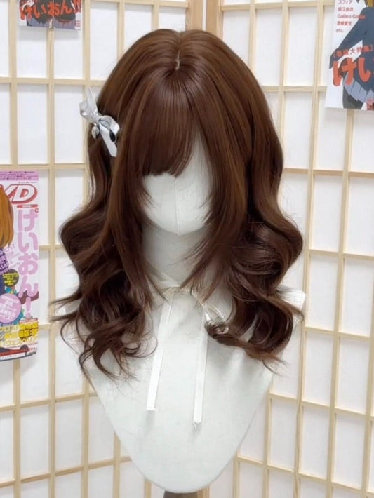 Chocolate Brown 55cm Wavy Curly Wig with Side Bangs - Hui Ran