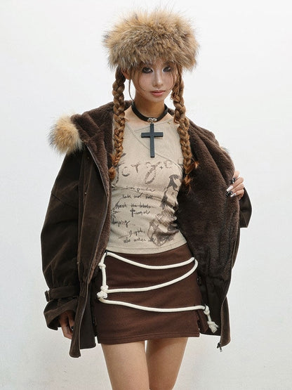 Hood Belt Coffee with Waist Plush Jacket - Hooded Edge Punk
