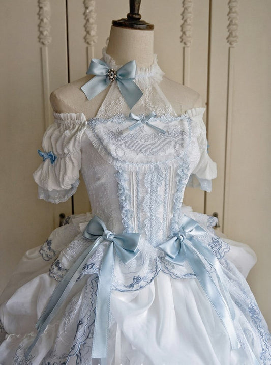 Boned Details Sleeves and Corset Embroidery Elegant with Lace Puff Blue Illusion Lolita White Neckline Top Classic