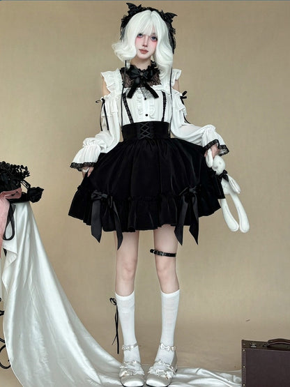 Gothic Monochrome Cutout Shoulder Top with Lace and Bow Embellishments - AMAHAKAWA