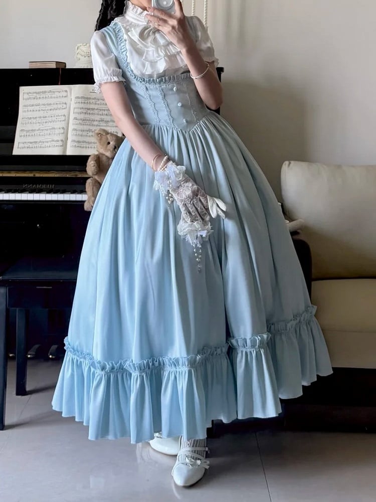 Light Blue Satin Basque Waist Under Bust Elegant Lolita JSK - Alice in Wonderland Lolita
