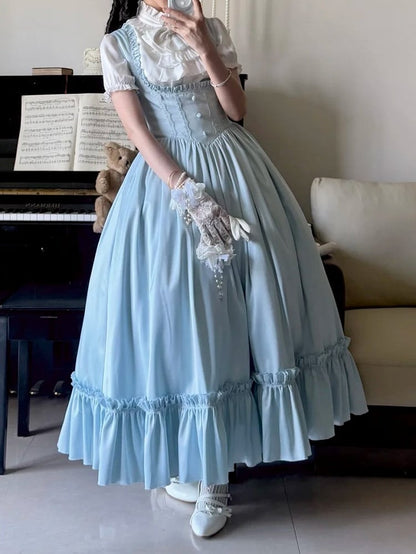 Light Blue Satin Basque Waist Under Bust Elegant Lolita JSK - Alice in Wonderland Lolita