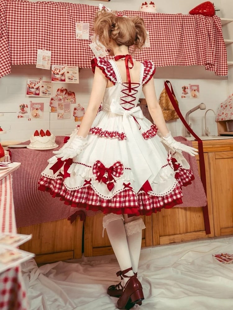with Flutter White Sweet Gingham Details Dress Lolita Bow Sleeves Red