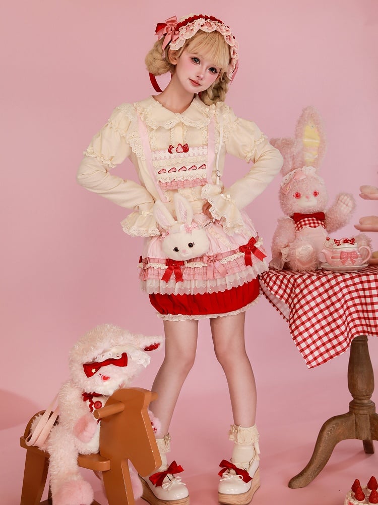 Strawberry Bodice Embroidery Cake Skirt Overall Hem and Pink Sweet Cupcake Lolita Red