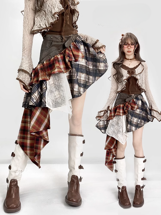 ヴィンテージレッドチェック柄ローウエストアシンメトリーヘムグラマラススカート