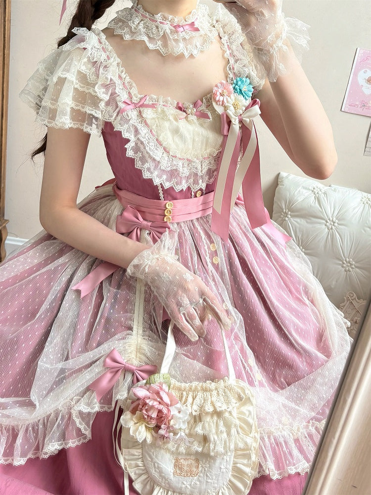 Elegant Bow Lolita Version with Dress Classic Details Lace and Long Pink Rose