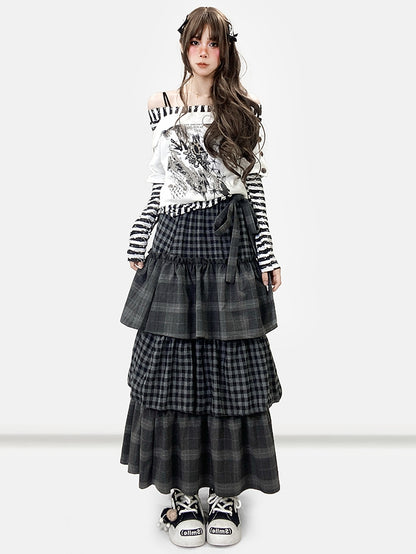 セルフタイダークストラップティアードチェックグレーパターンスカートビタースイート